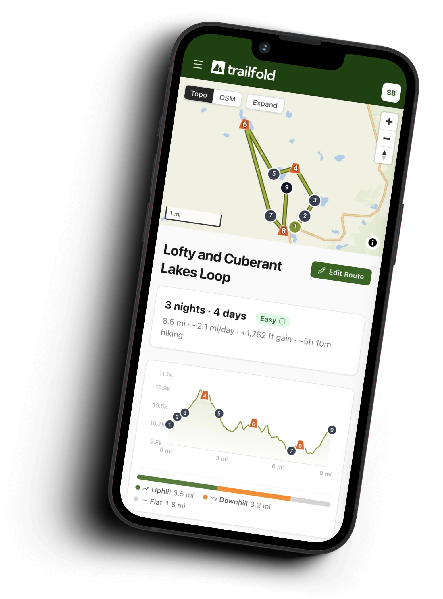 Ridgefold app showing a planned backpacking route with 3D terrain and an elevation profile
